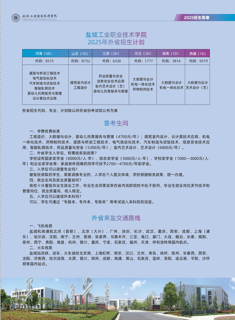 盐城工业职业技术学院－2025年外省招生计划