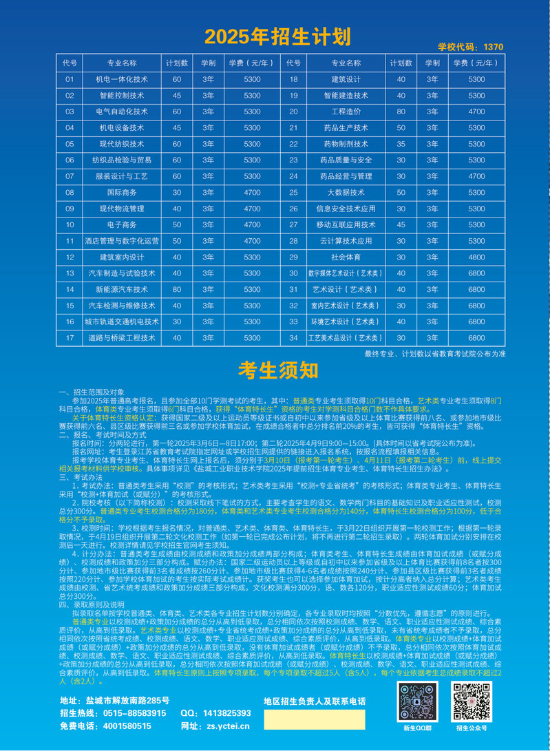 盐城工业职业技术学院－2025年高职提前招生计划