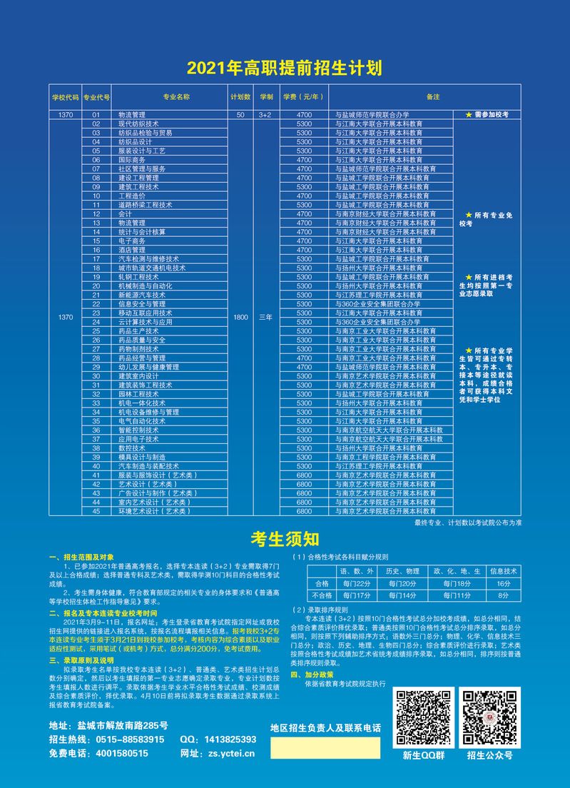 盐城工业职业技术学院2021年高职提前招生简章