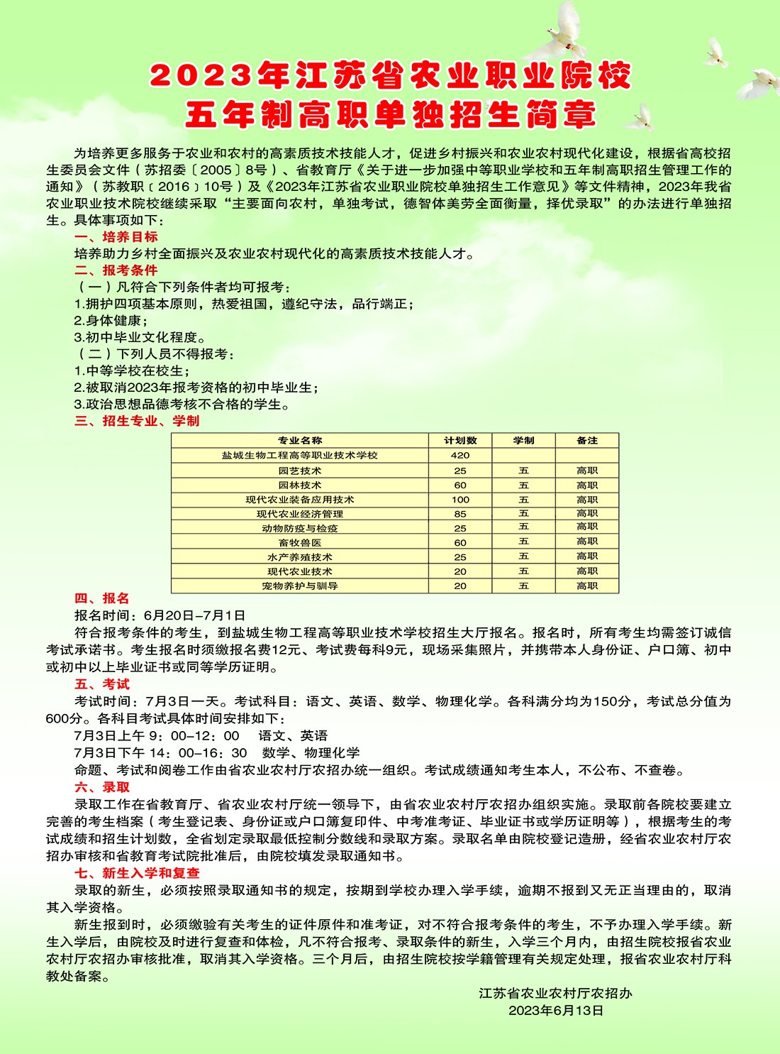2023年江苏省农业职业院校五年制高职单独招生简章
