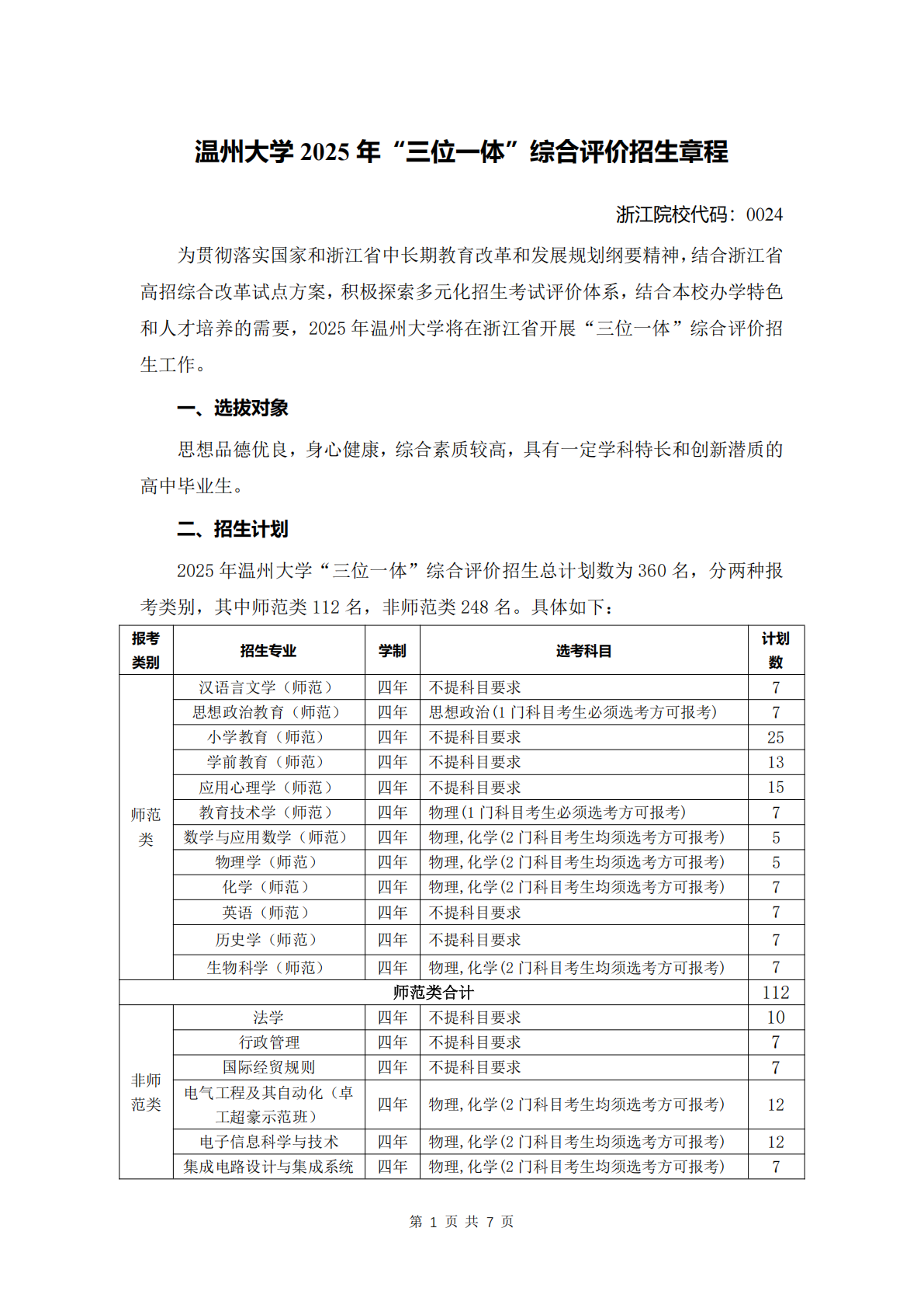 温州大学2025年“三位一体”综合评价招生章程
