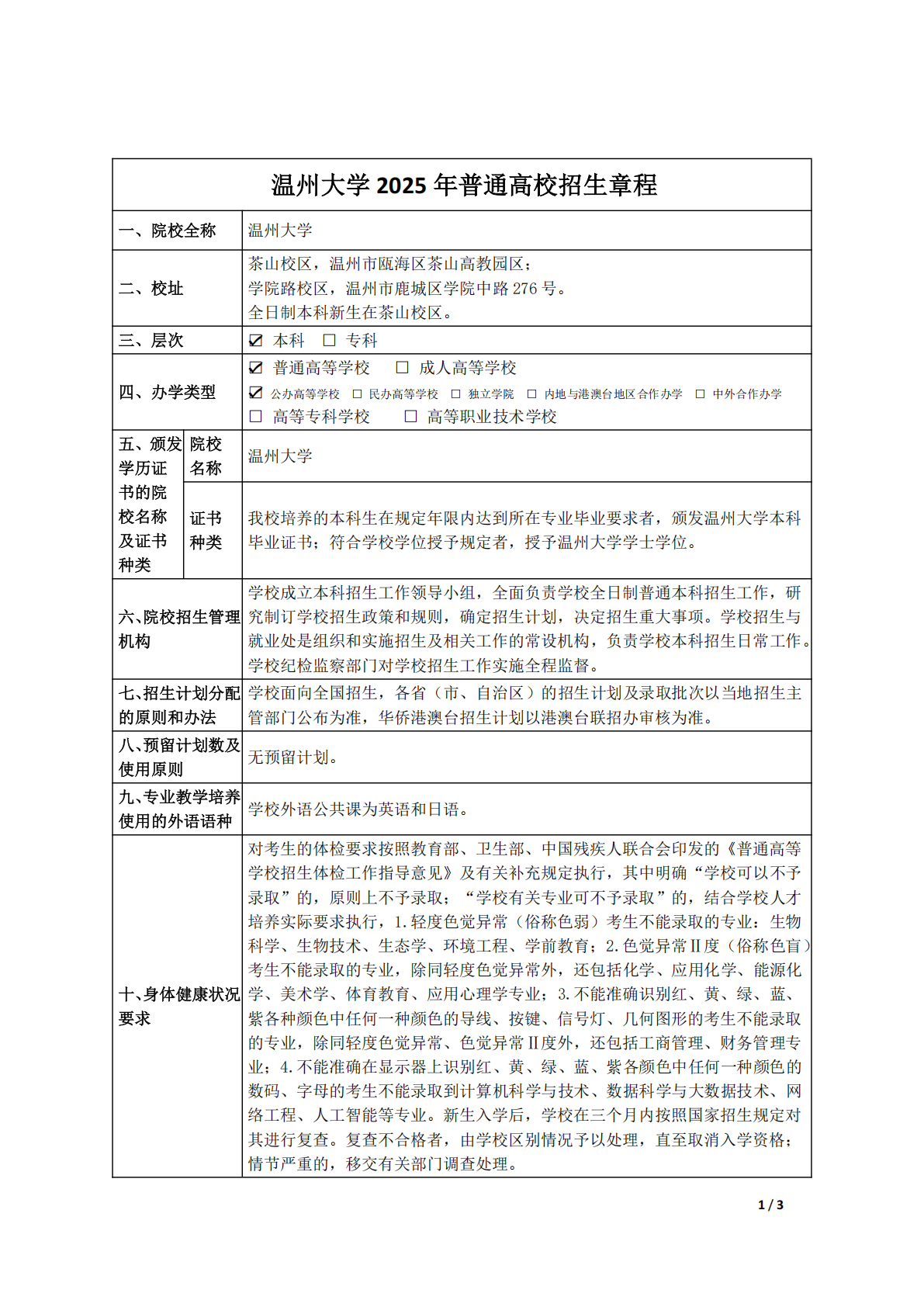 温州大学2025年普通高校招生章程