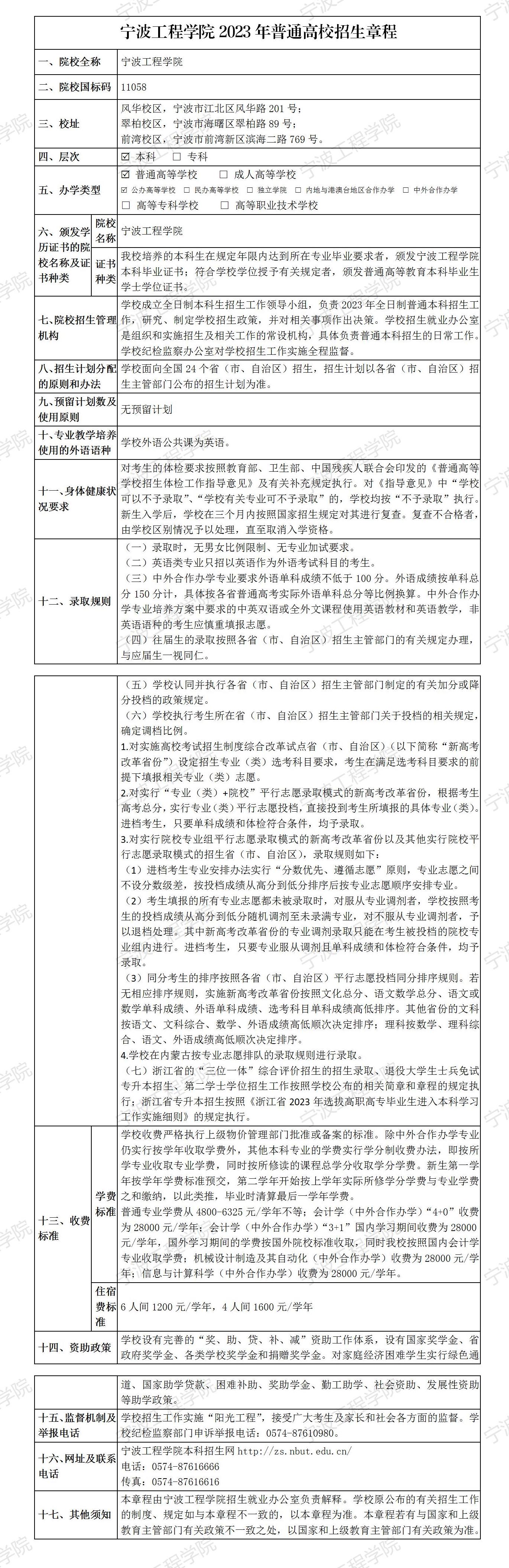 宁波工程学院2023年普通高校招生章程