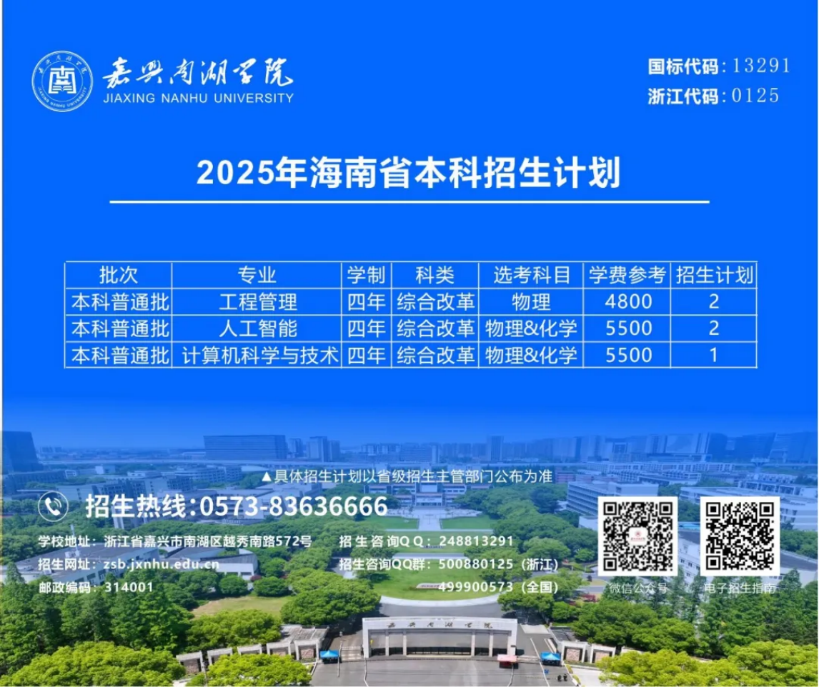 嘉兴南湖学院2025年本科招生计划