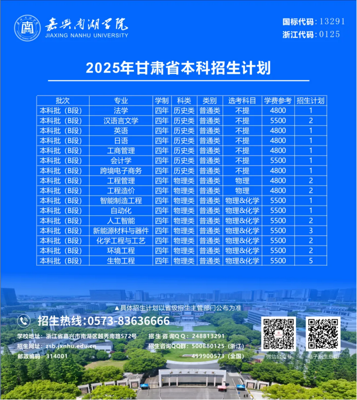 嘉兴南湖学院2025年本科招生计划