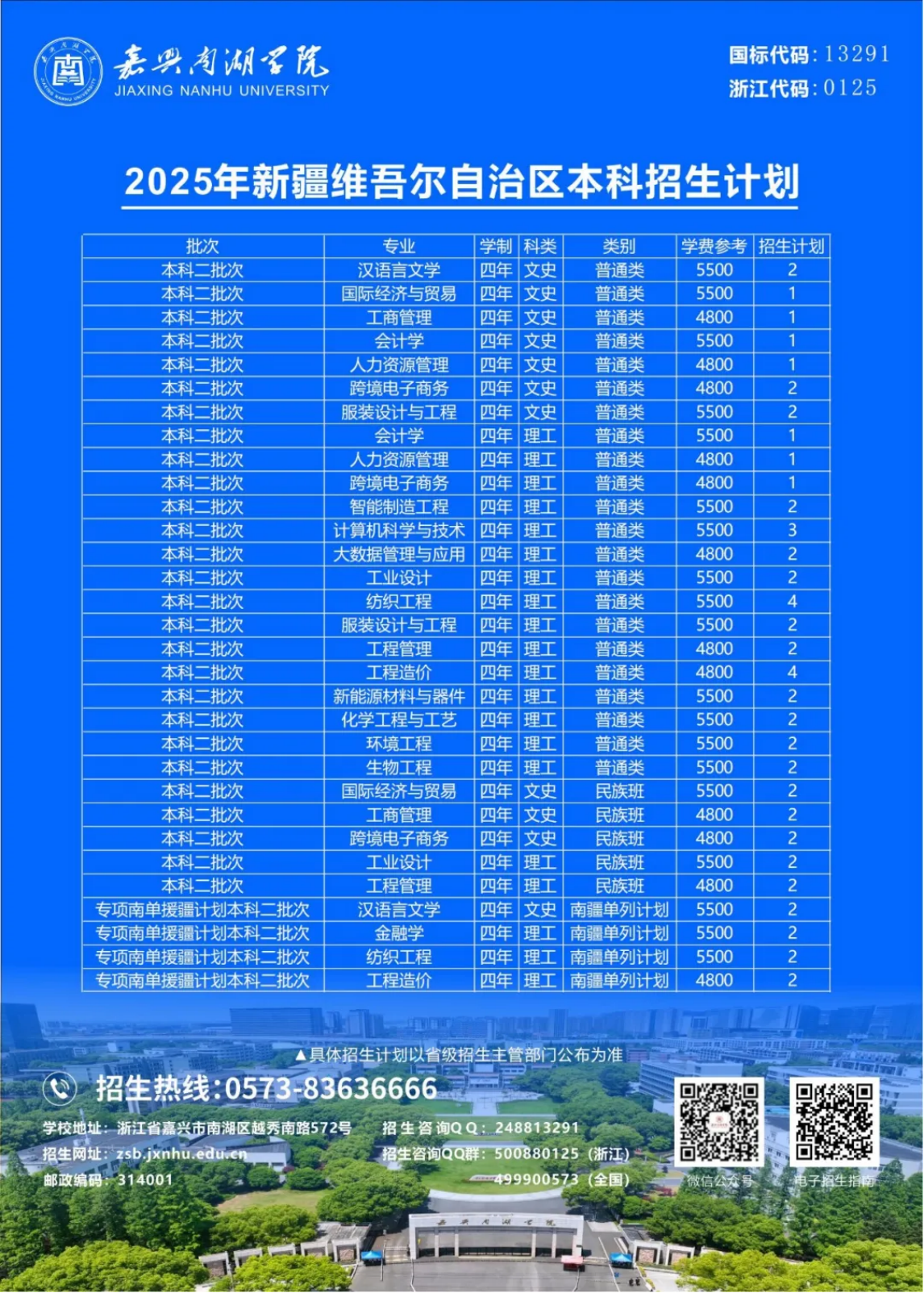 嘉兴南湖学院2025年本科招生计划