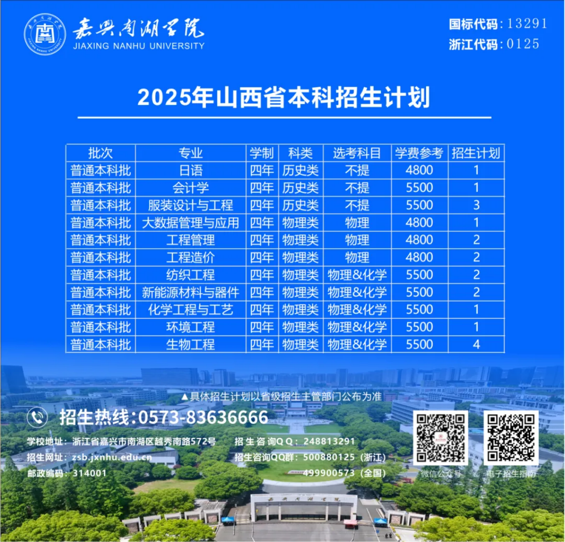 嘉兴南湖学院2025年本科招生计划