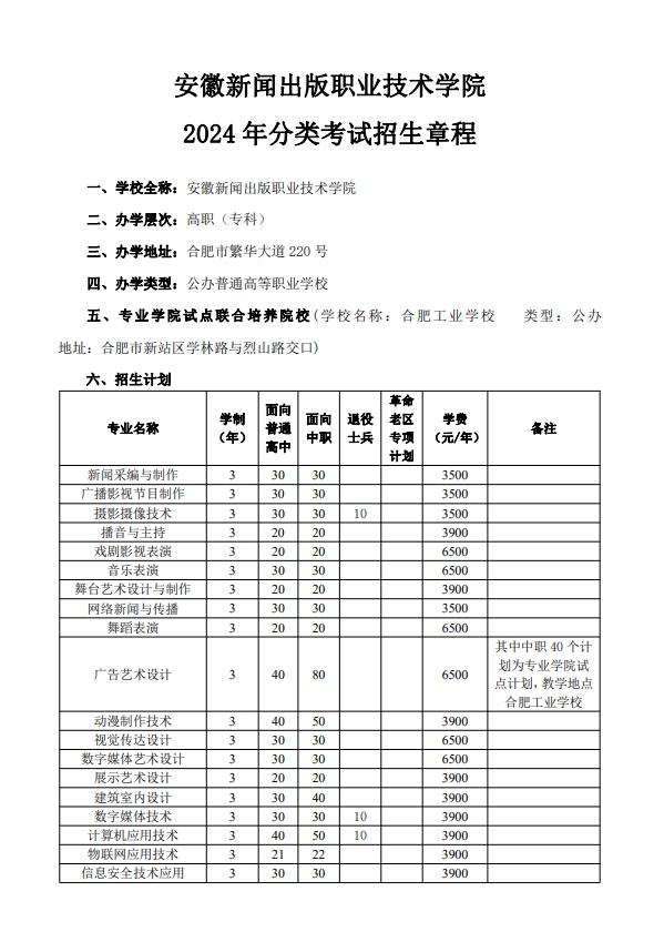 安徽新闻出版职业技术学院－2024年分类考试招生章程