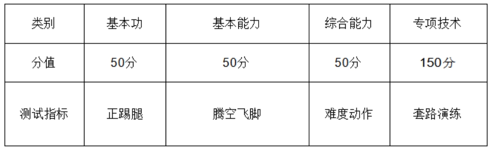 武术项目测试指标与所占分值
