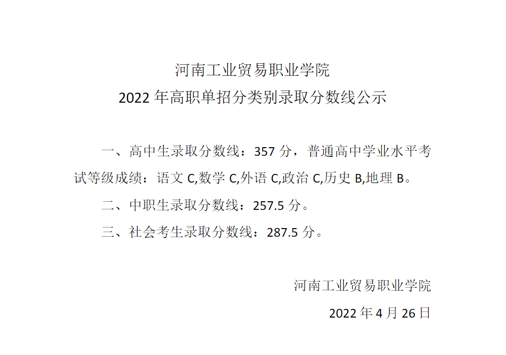 河南工业贸易职业学院－2022年高职单招分类别录取分数线