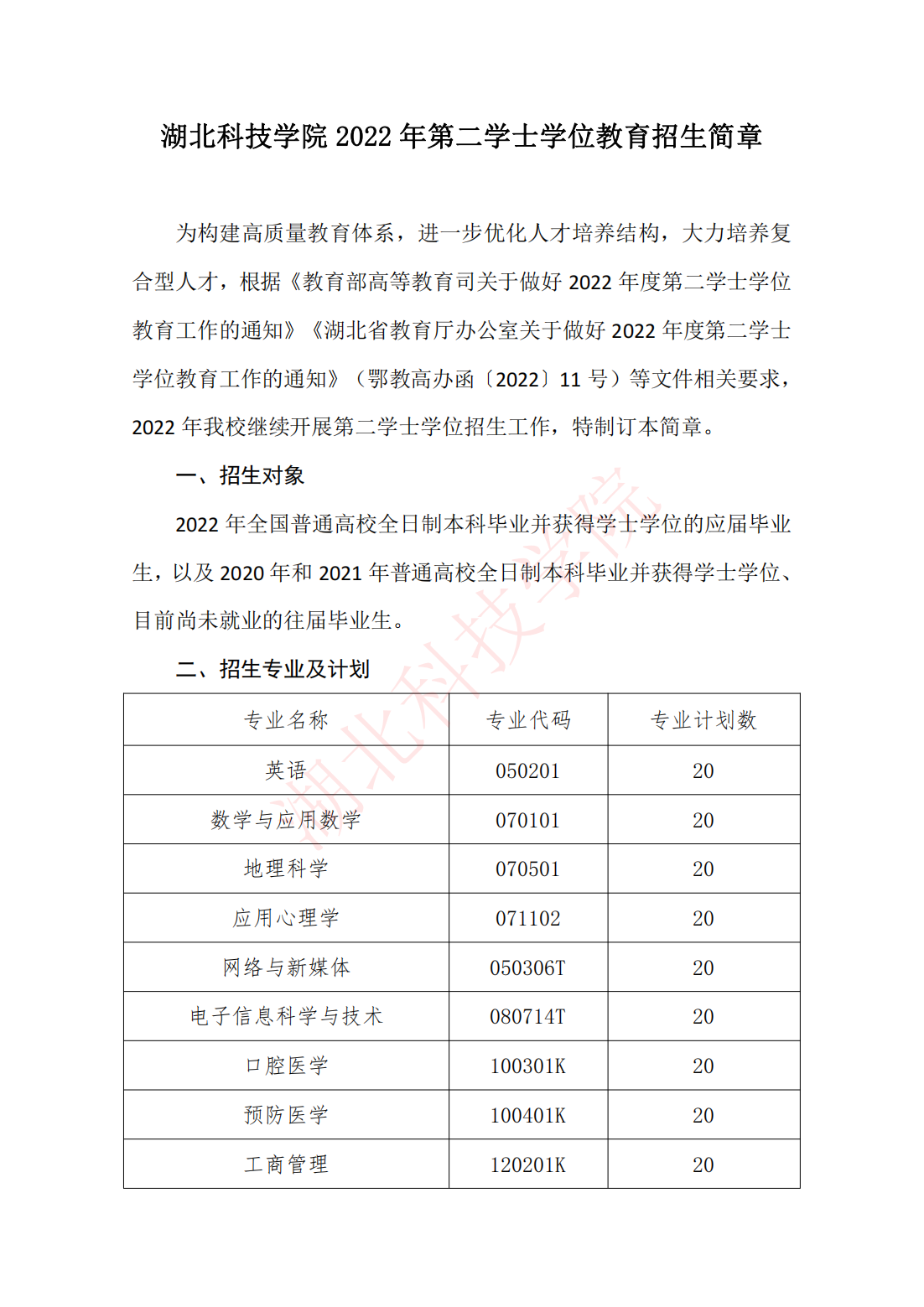 湖北科技学院－2022年第二学士学位教育招生简章