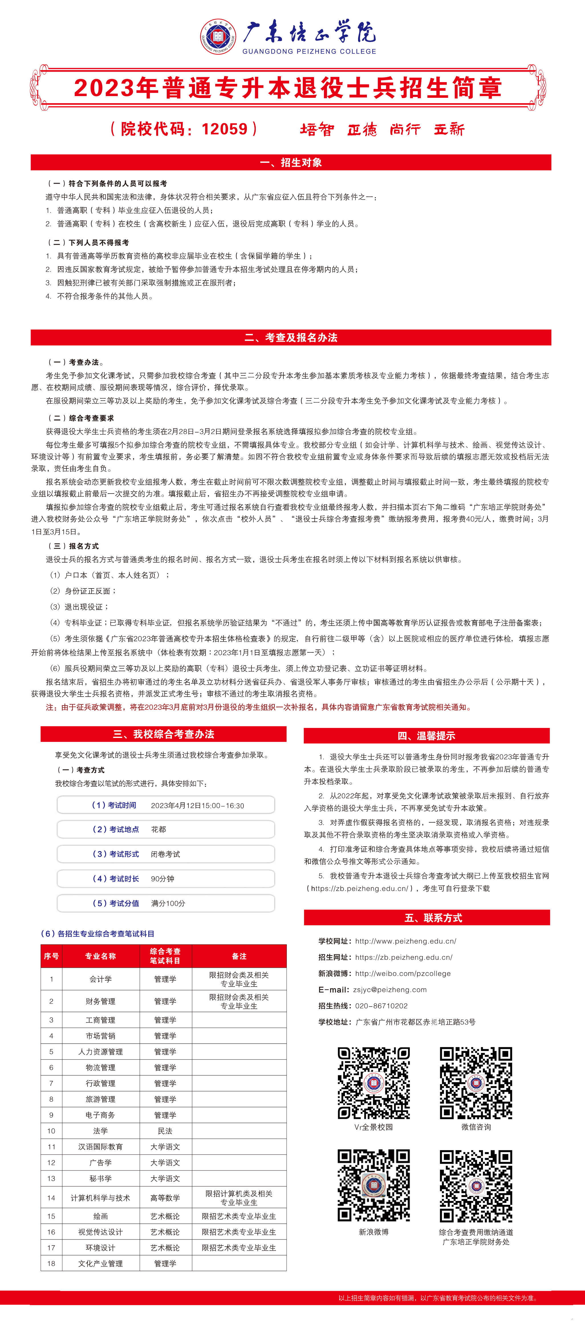 广东培正学院－2023年普通专升本退役士兵招生简章