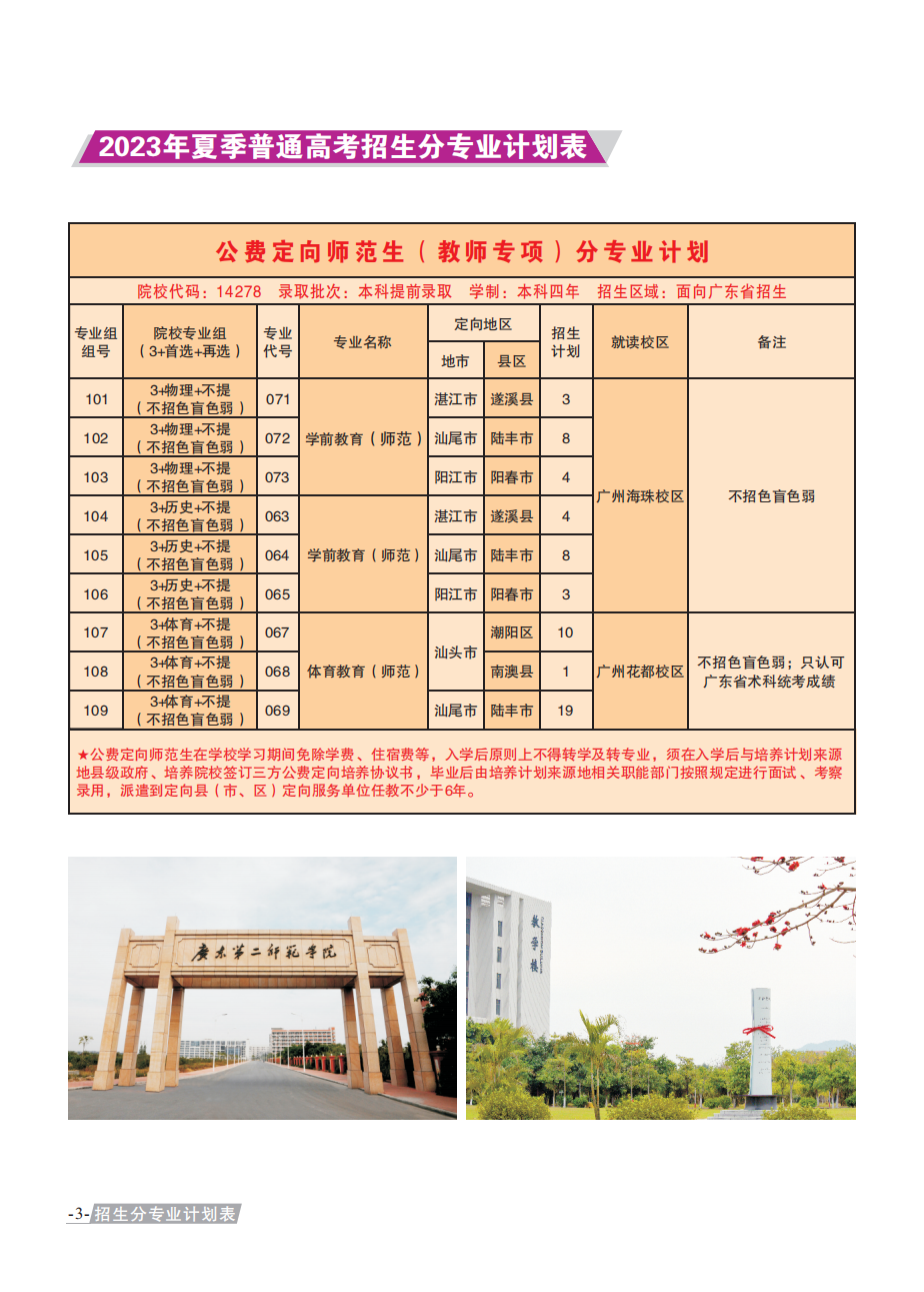 广东第二师范学院－2023年公费定向师范生（教师专项）分专业计划