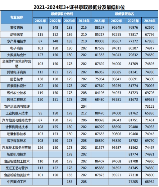 2021-2024年3+证书录取最低分及最低排位