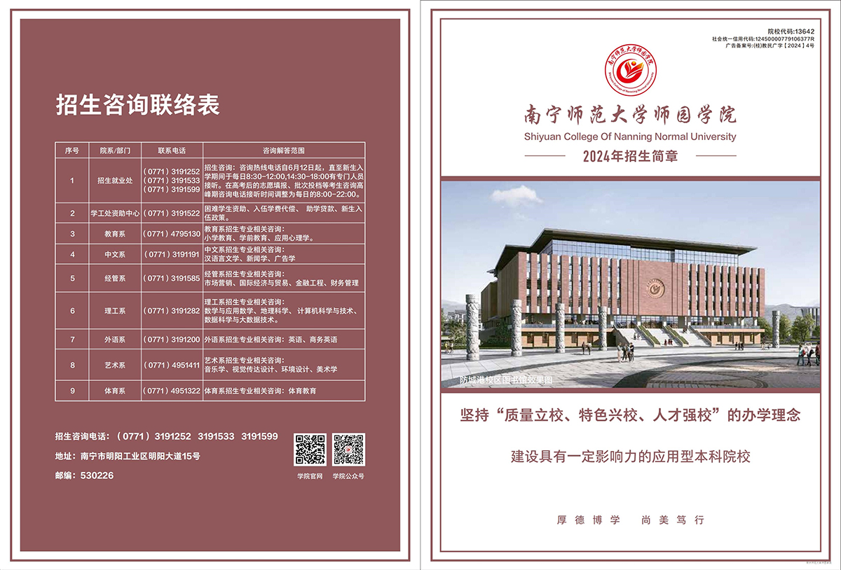 南宁师范大学师园学院2024年招生简章