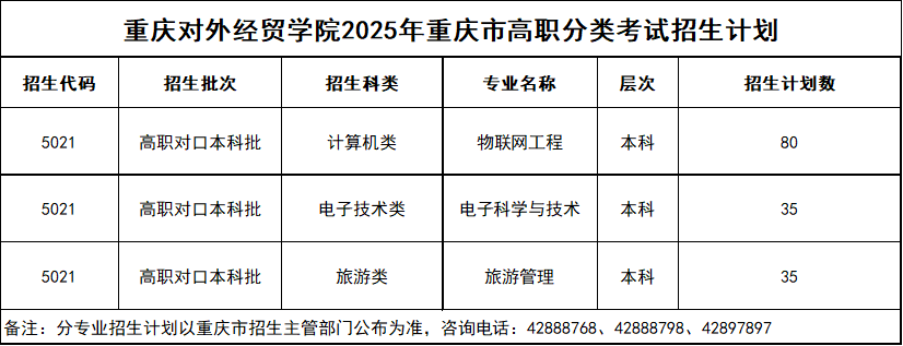 重庆对外经贸学院2025年重庆市高职分类考试招生计划