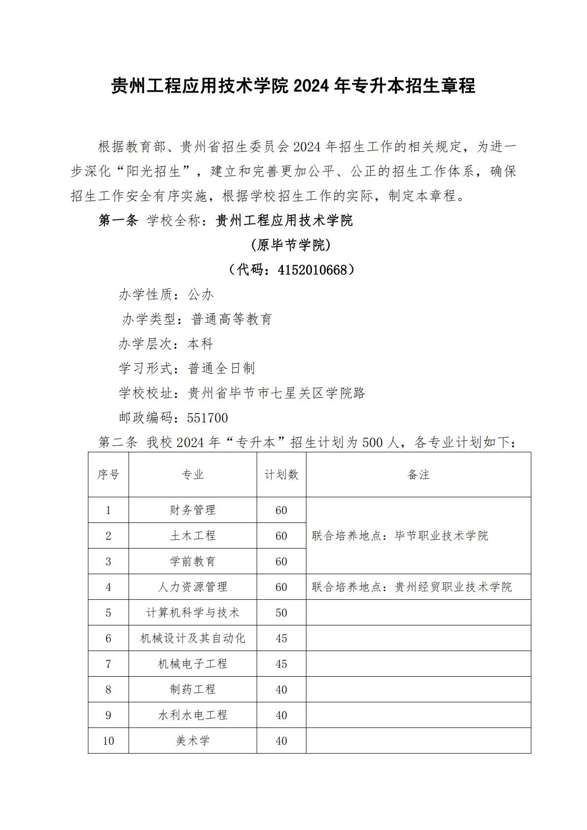 贵州工程应用技术学院2024年专升本招生章程