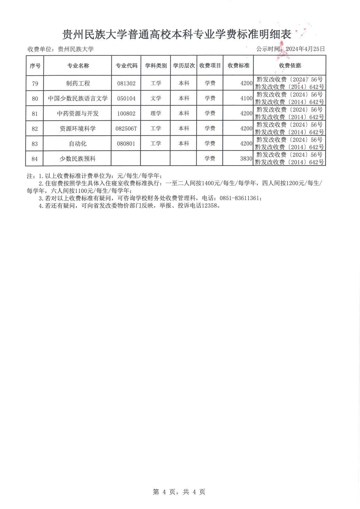 贵州民族大学普通高校本科专业学费标准明细表