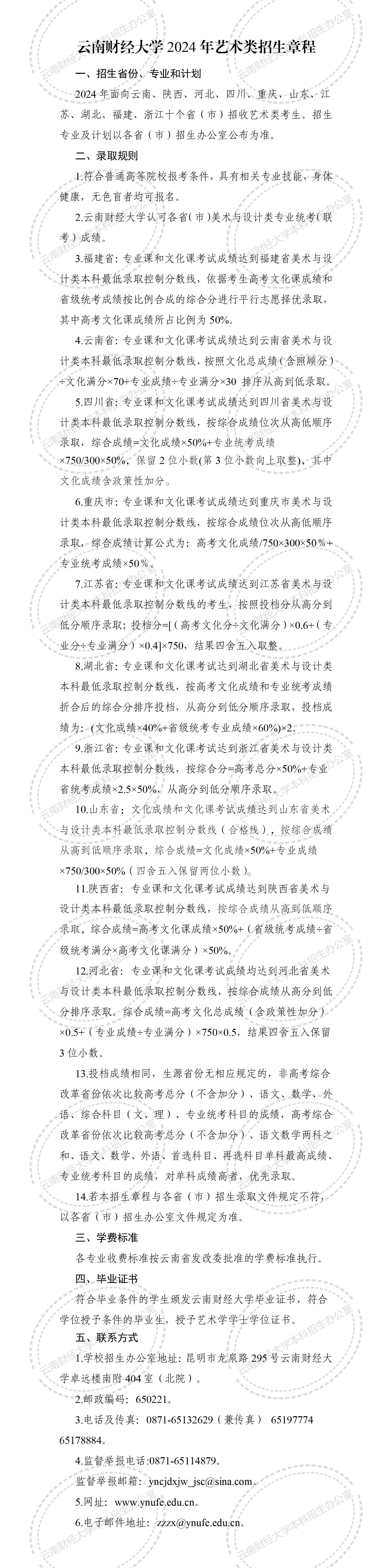 云南财经大学2024年艺术类招生章程