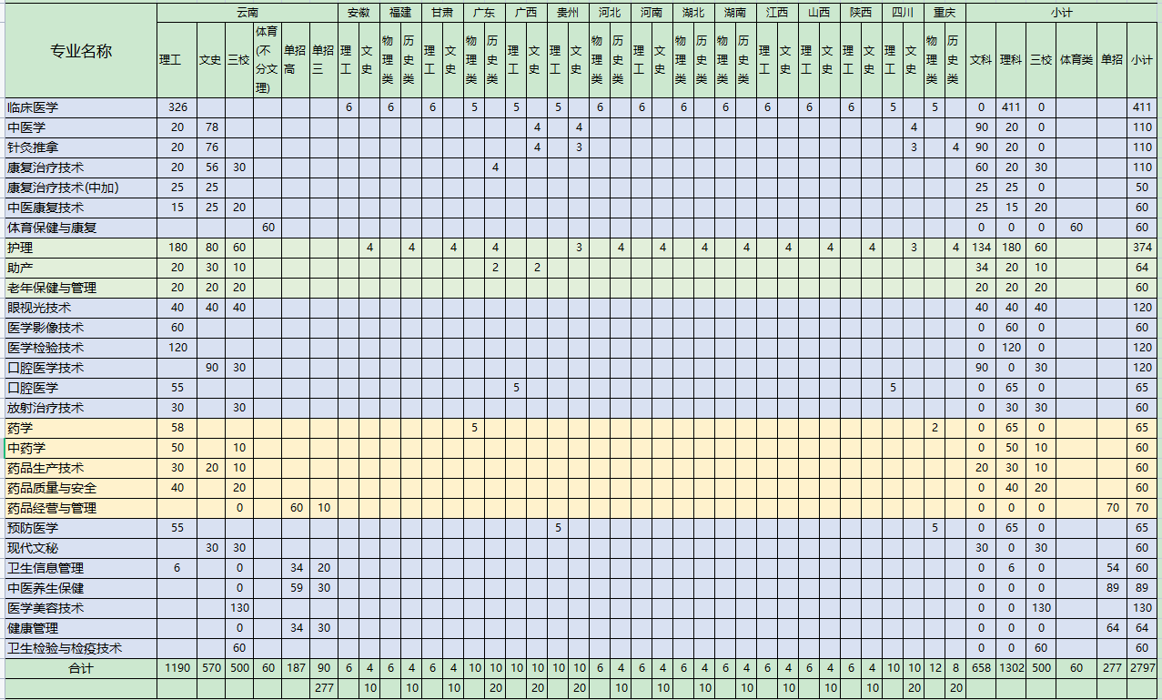 曲靖健康医学院－2022年招生计划分省分专业情况