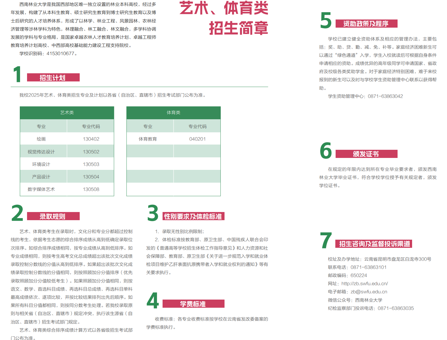 西南林业大学2025年艺术、体育类招生简章