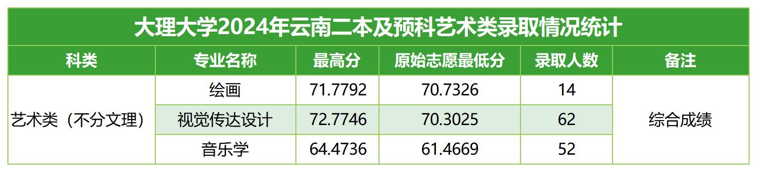 大理大学2024年云南二本及预科艺术类录取情况统计