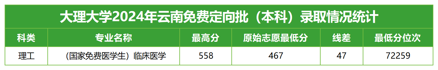 大理大学2024年云南免费定向批（本科）录取情况统计