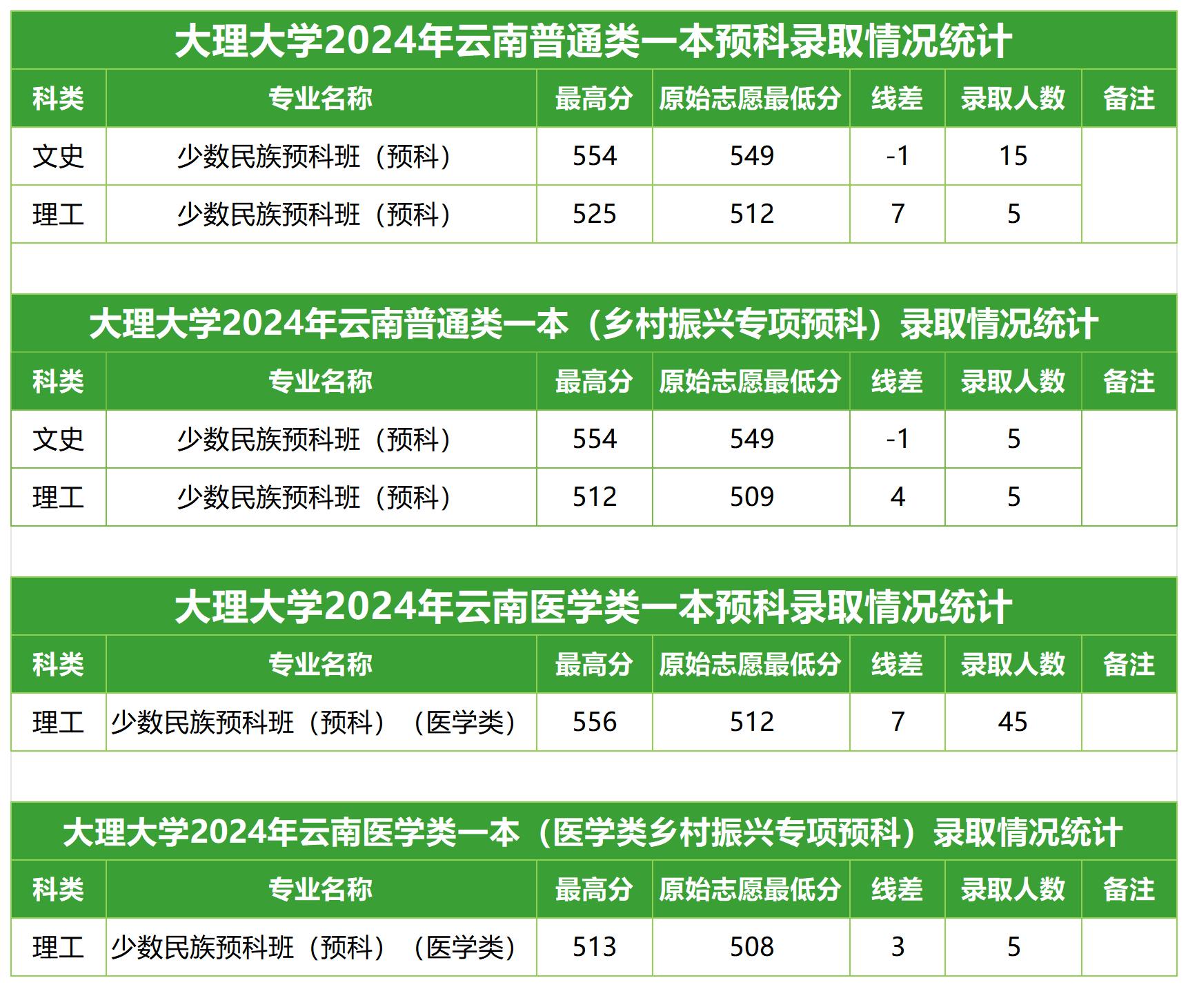 大理大学2024年大理大学云南一本预科录取统计