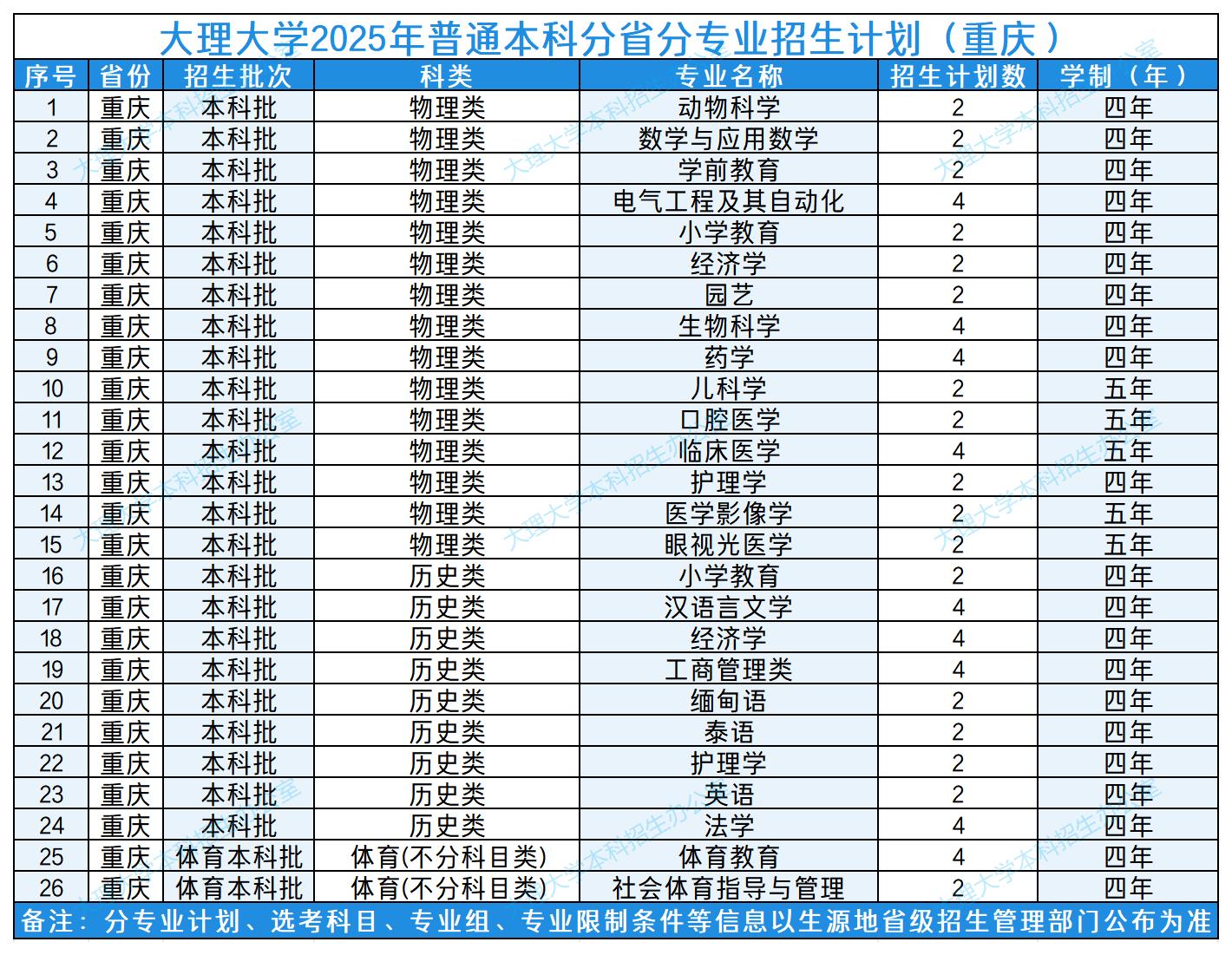 01大理大学2025年普通本科分省分专业招生计划（重庆）