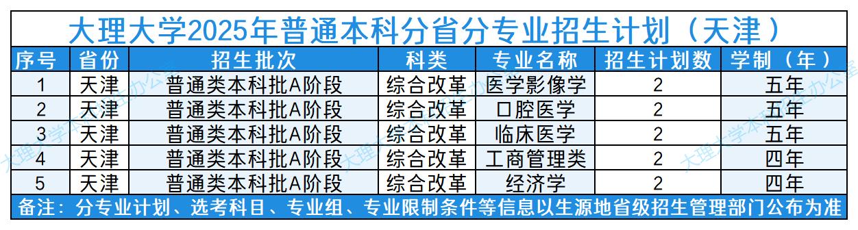 01大理大学2025年普通本科分省分专业招生计划（天津）