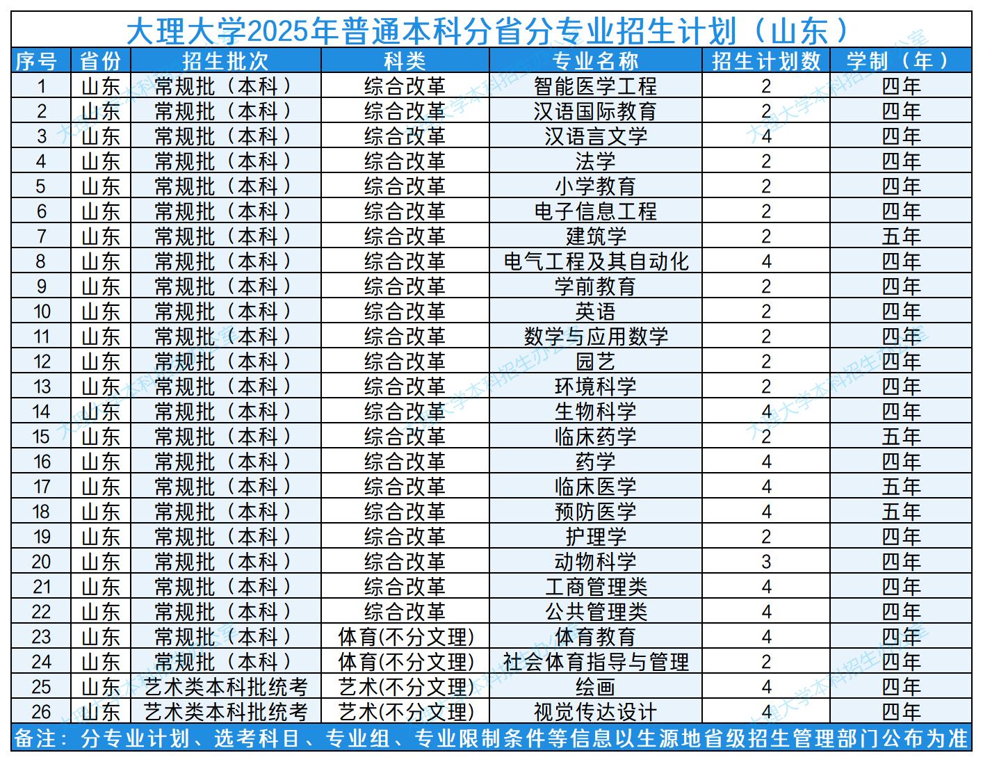 大理大学2025年普通本科分省分专业招生计划（山东）