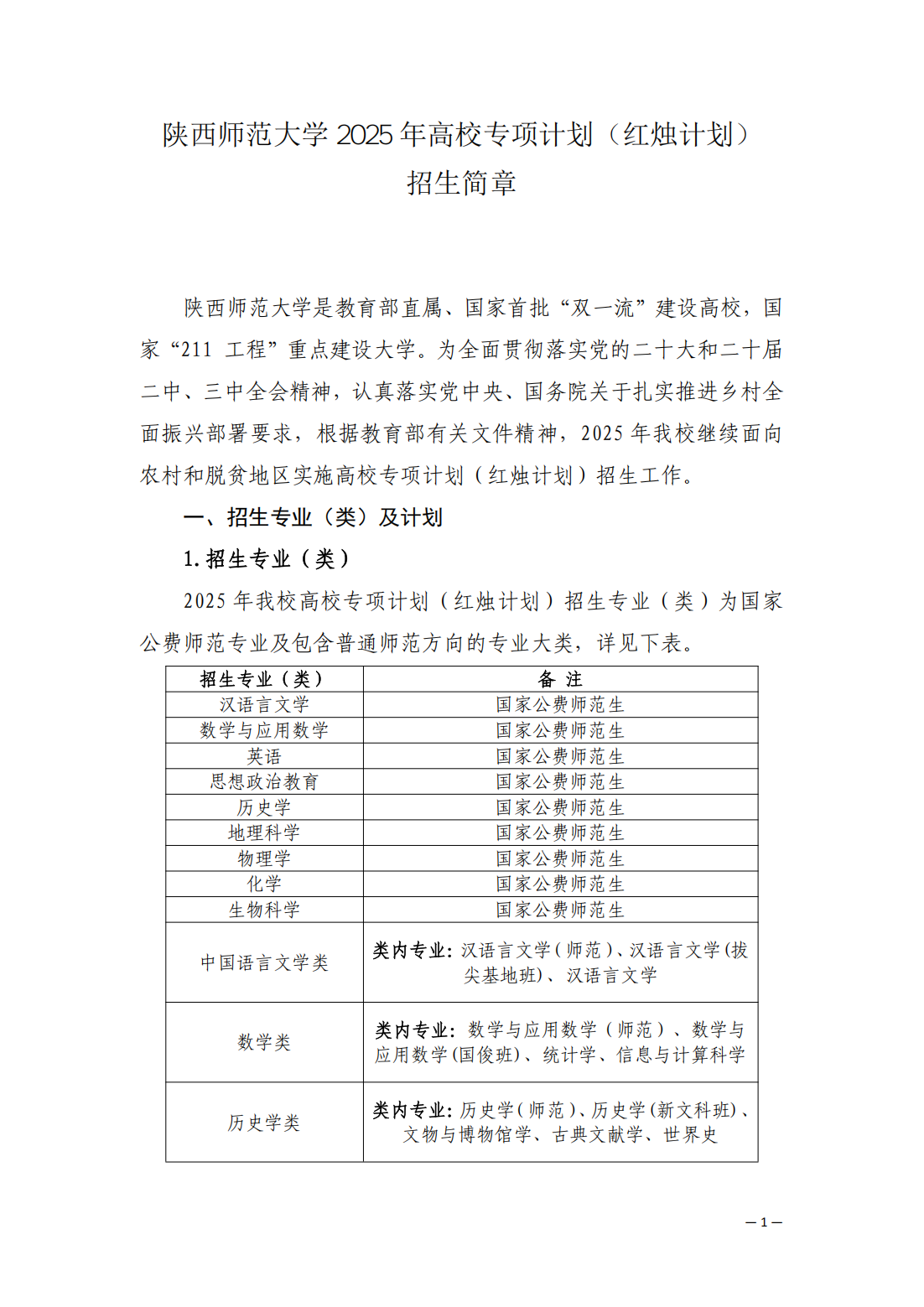 陕西师范大学2025年高校专项计划（红烛计划）招生简章