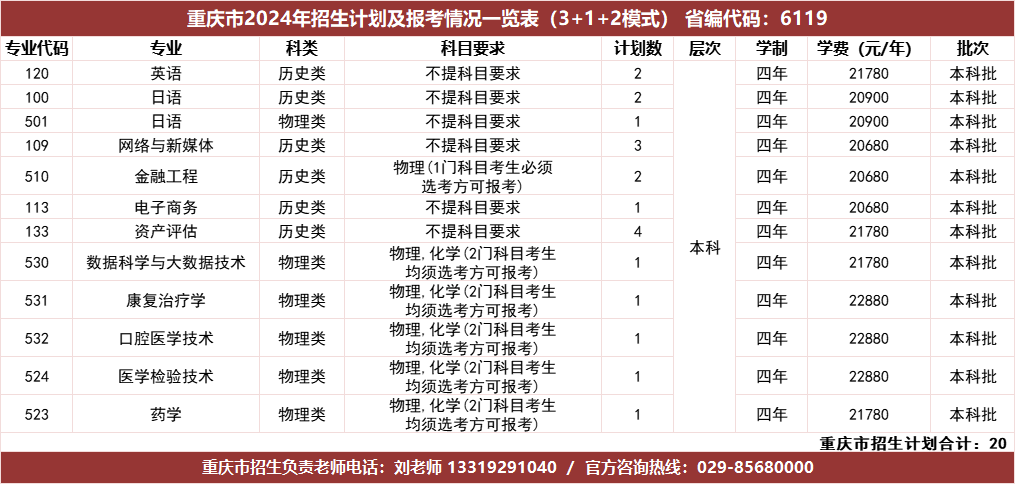 重庆市2024年招生计划及报考情况一览表（3+1+2模式）省编代码：6119