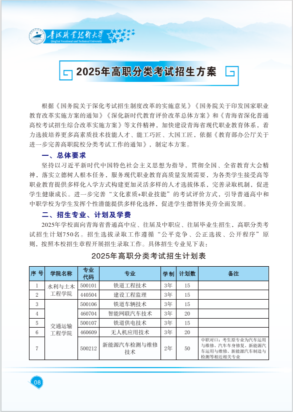 青海职业技术大学2025年高职分类考试招生简章