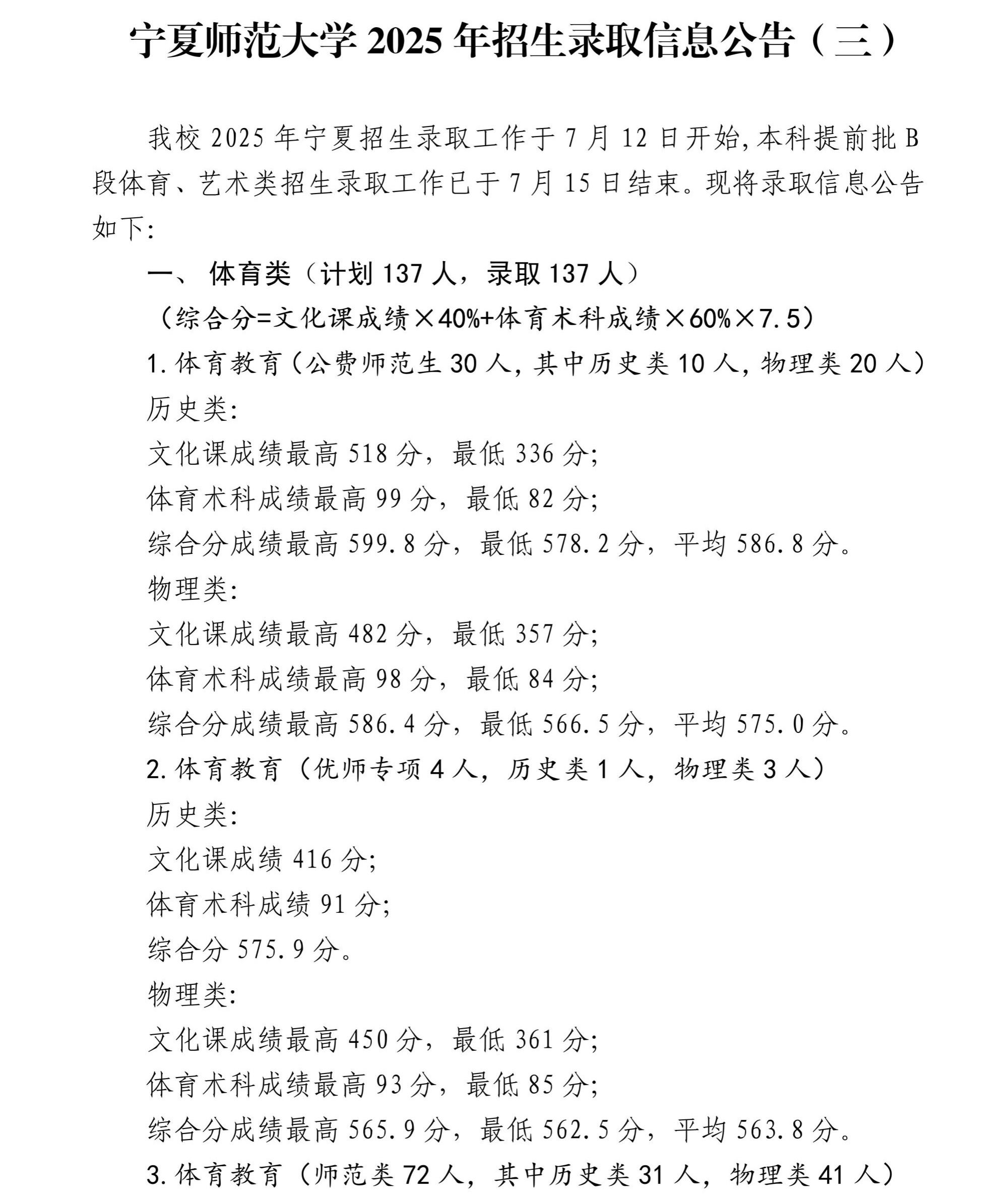 宁夏师范大学2025年招生录取信息公告