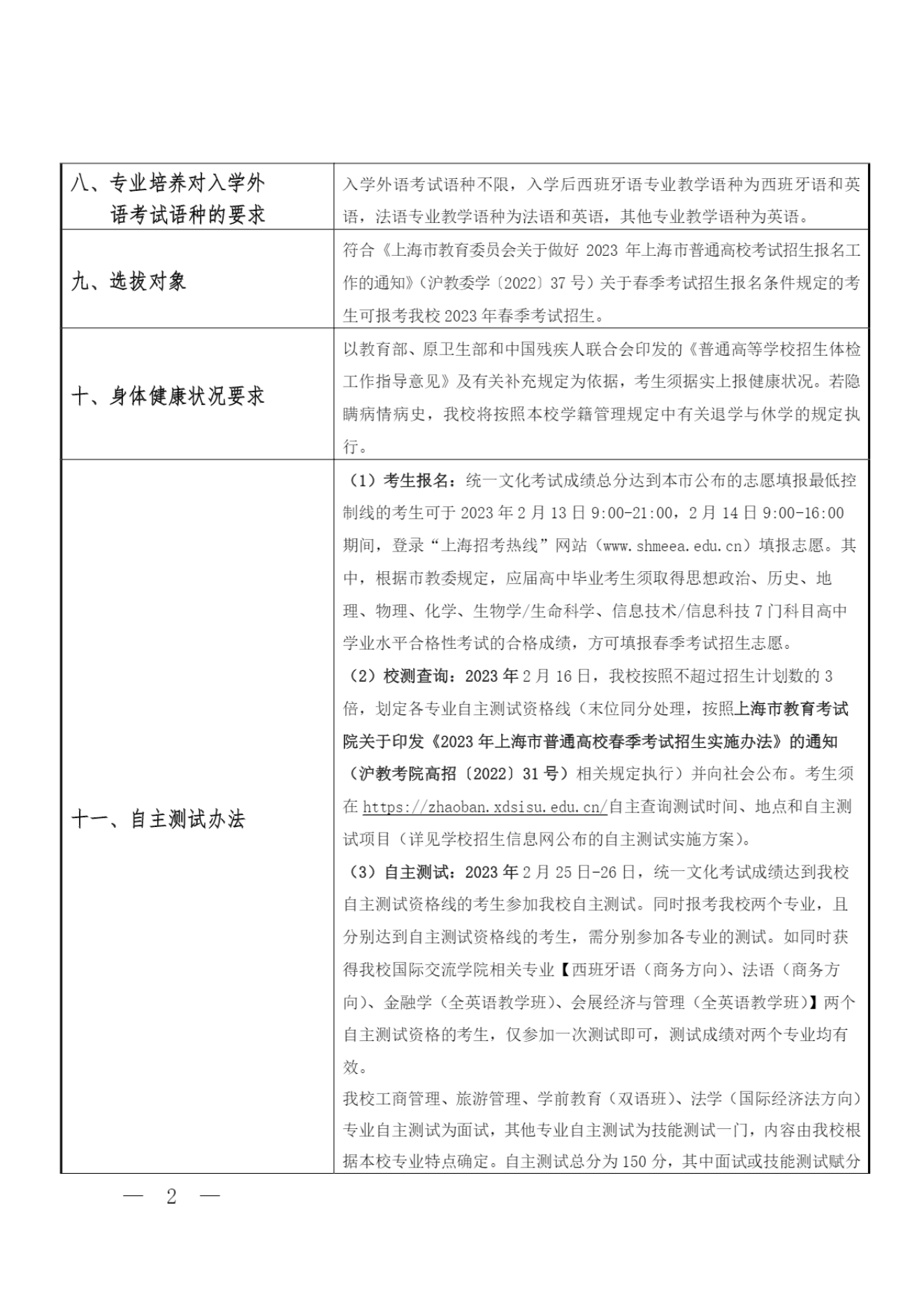 上海外国语大学贤达经济人文学院-2023年上海市普通高校春季考试招生章程