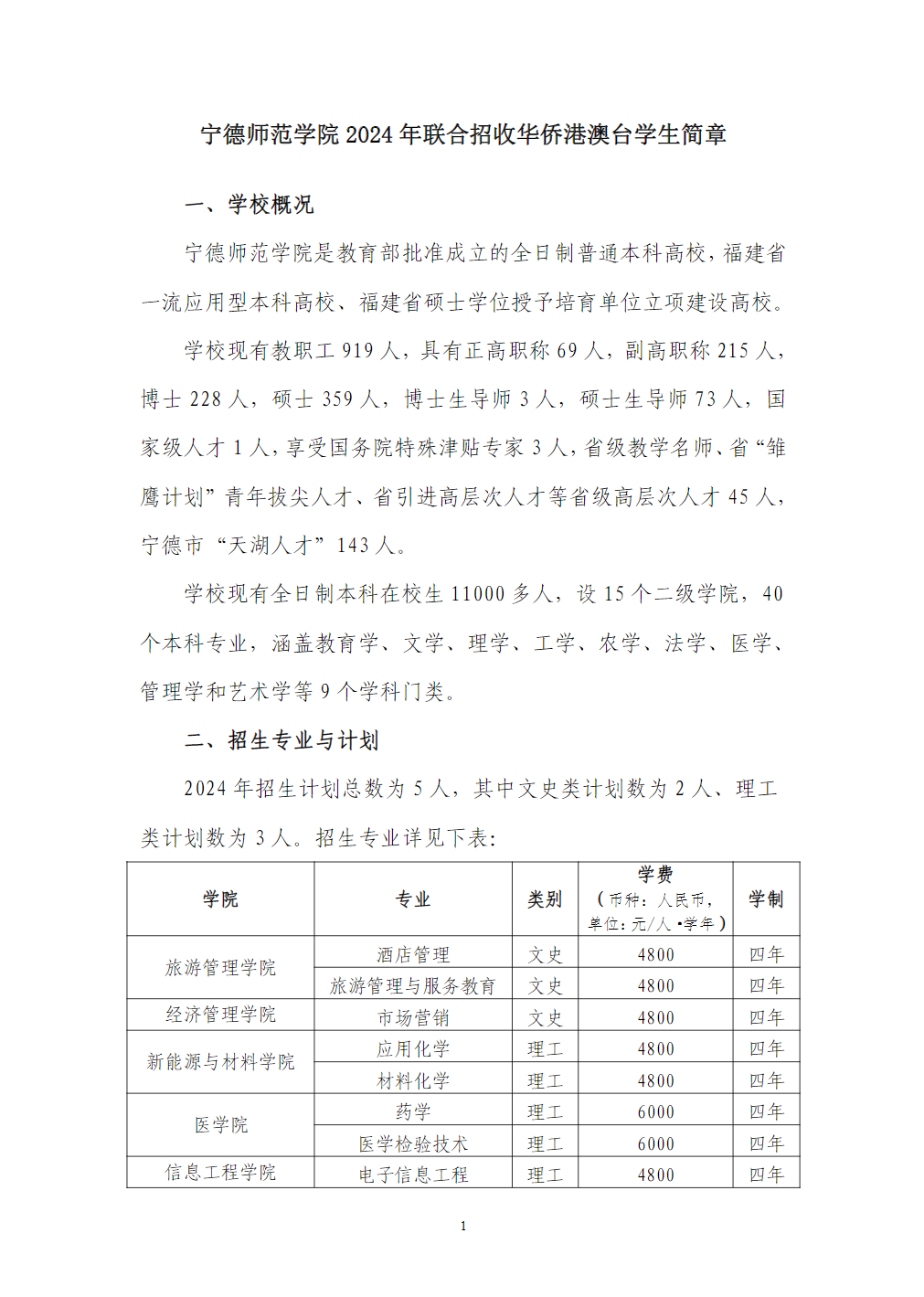 宁德师范学院2024年联合招收华侨港澳台学生简章